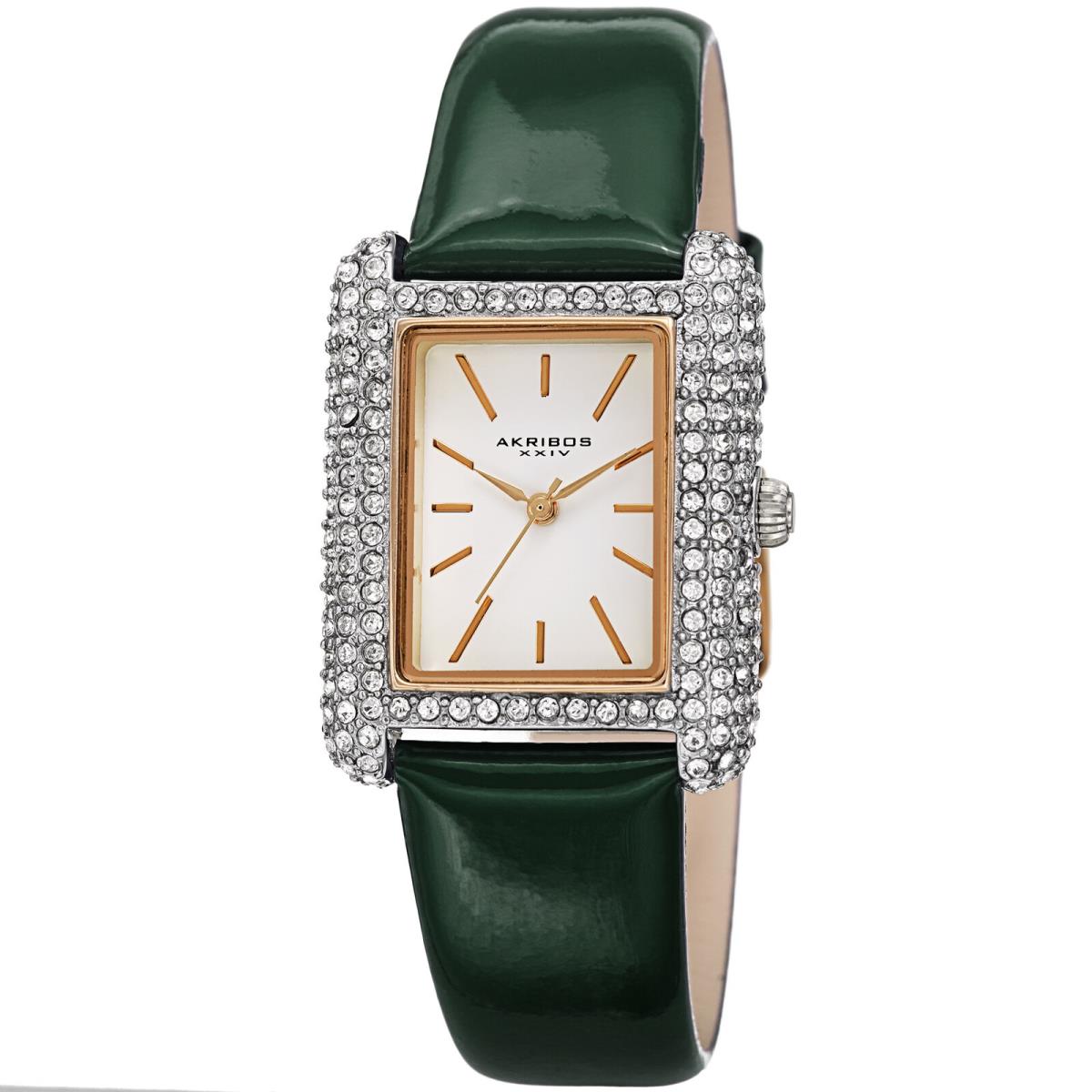 Women`s Akribos Xxiv AK1068 Swarovski Crystal Tank Patent Leather Strap Watch Hunter Green