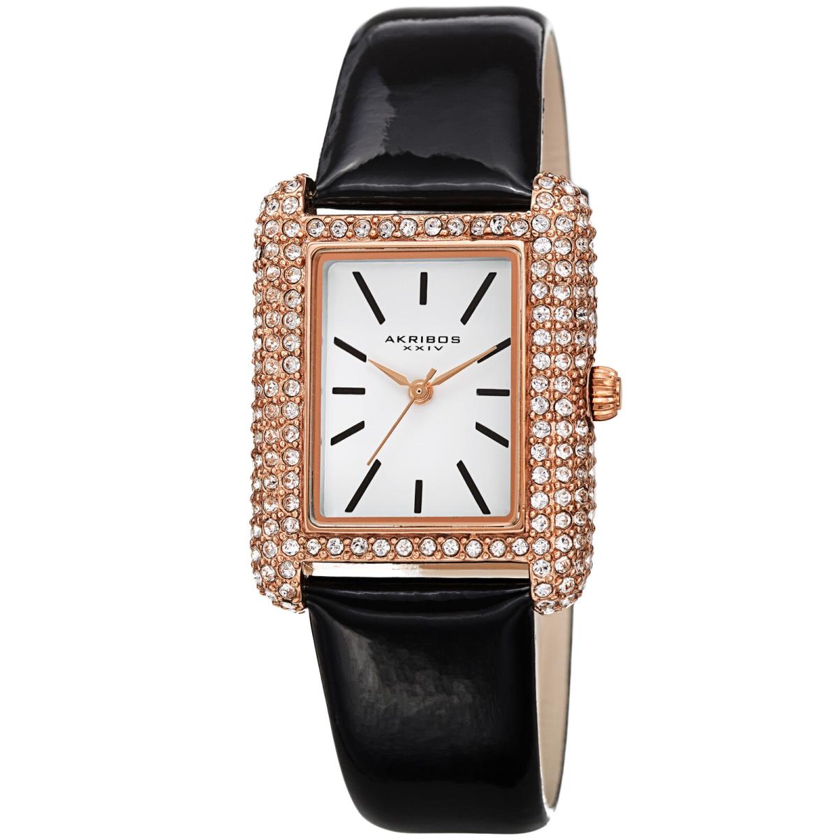 Women`s Akribos Xxiv AK1068 Swarovski Crystal Tank Patent Leather Strap Watch Jet Black