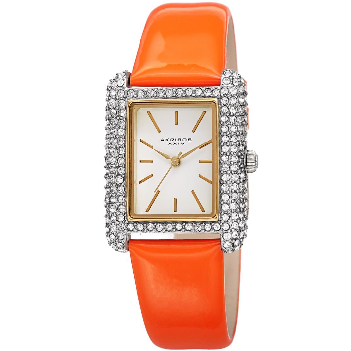 Women`s Akribos Xxiv AK1068 Swarovski Crystal Tank Patent Leather Strap Watch Orang