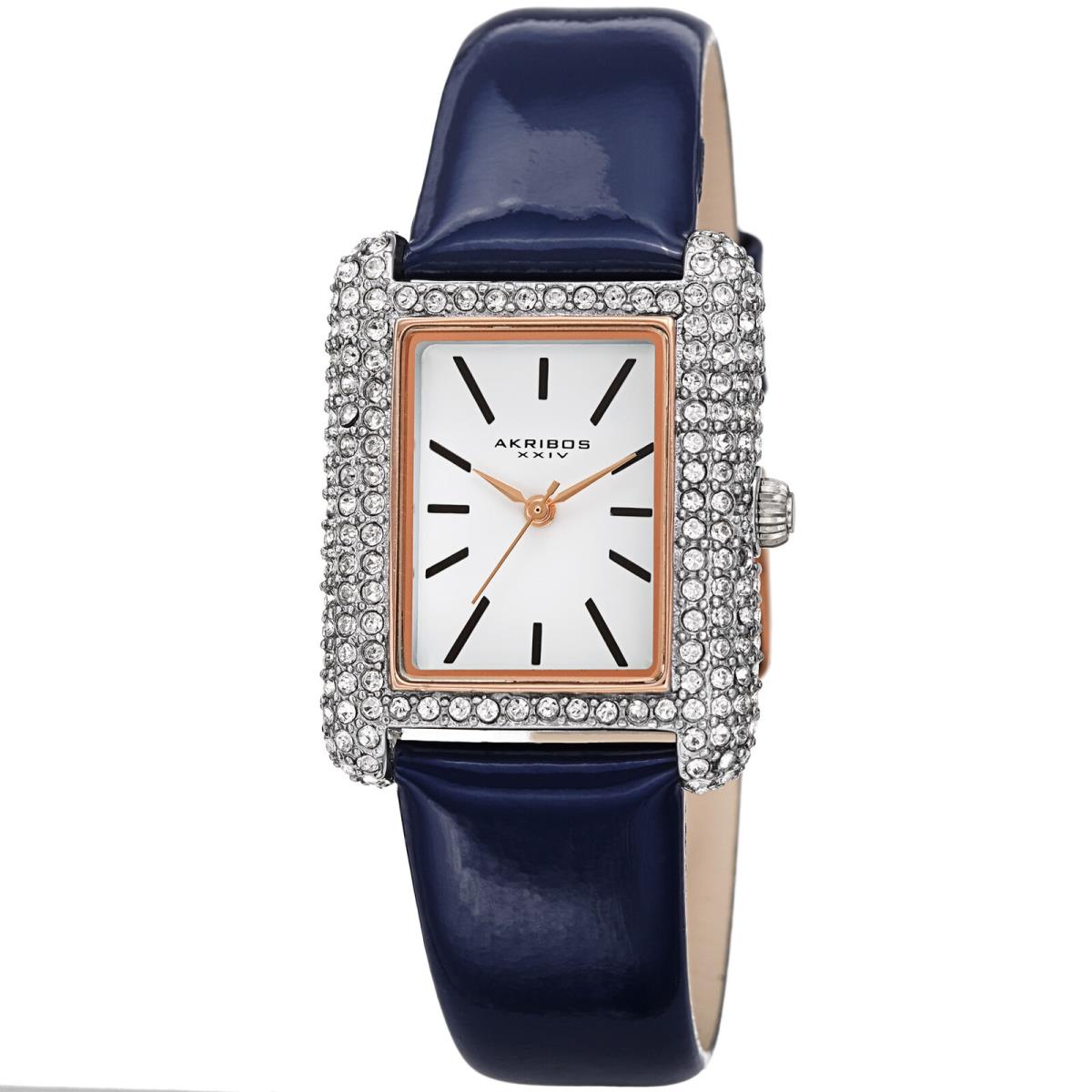 Women`s Akribos Xxiv AK1068 Swarovski Crystal Tank Patent Leather Strap Watch Sapphire Blue