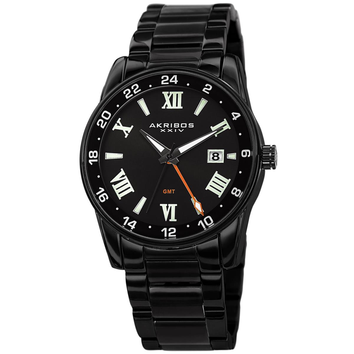 Men`s Akribos Xxiv AK1055 Quartz Multifunction Stainless Steel Bracelet Watch Jet Black