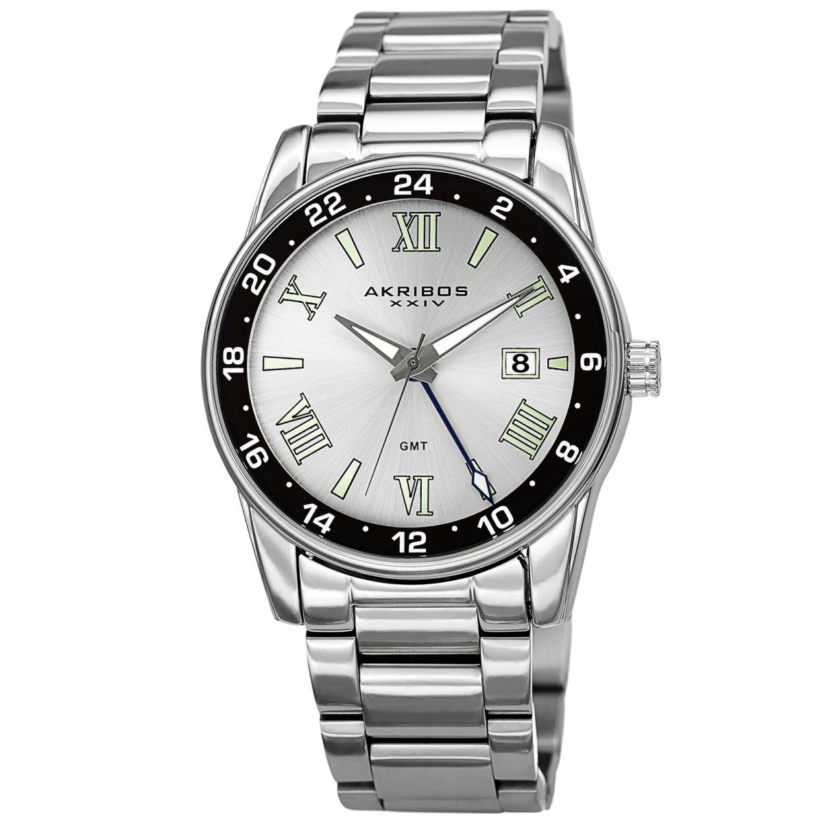 Men`s Akribos Xxiv AK1055 Quartz Multifunction Stainless Steel Bracelet Watch Silver Tone