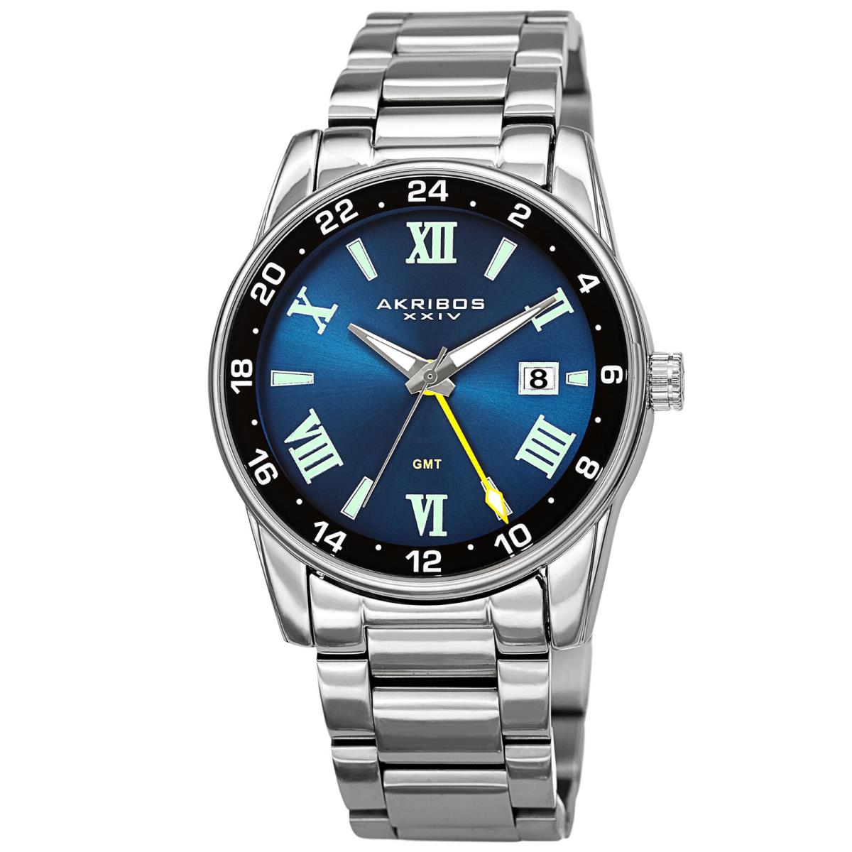 Men`s Akribos Xxiv AK1055 Quartz Multifunction Stainless Steel Bracelet Watch Silver with Blue Accents