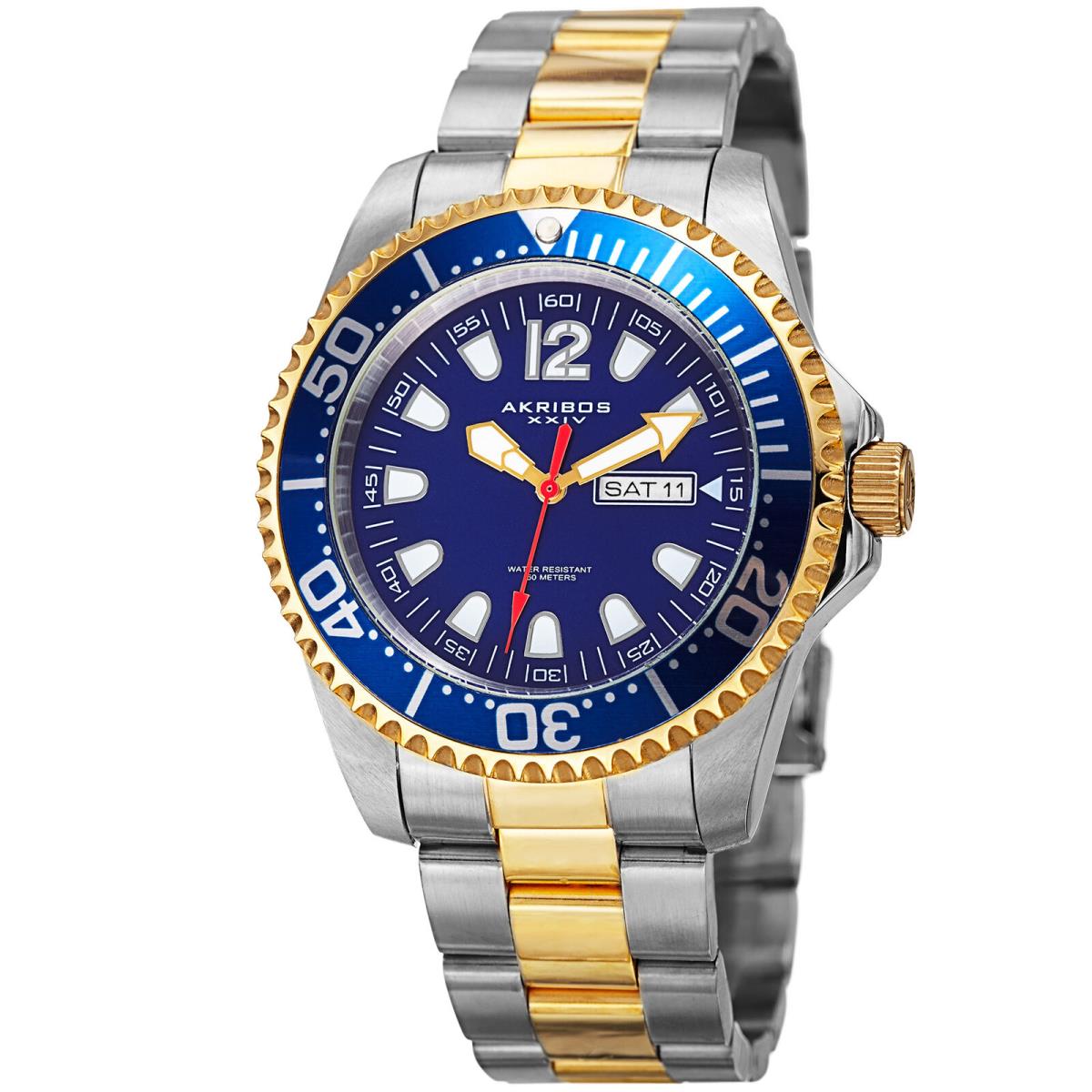 Men`s Akribos Xxiv AK947 Diver Style Day Date Stainless Steel Bracelet Watch