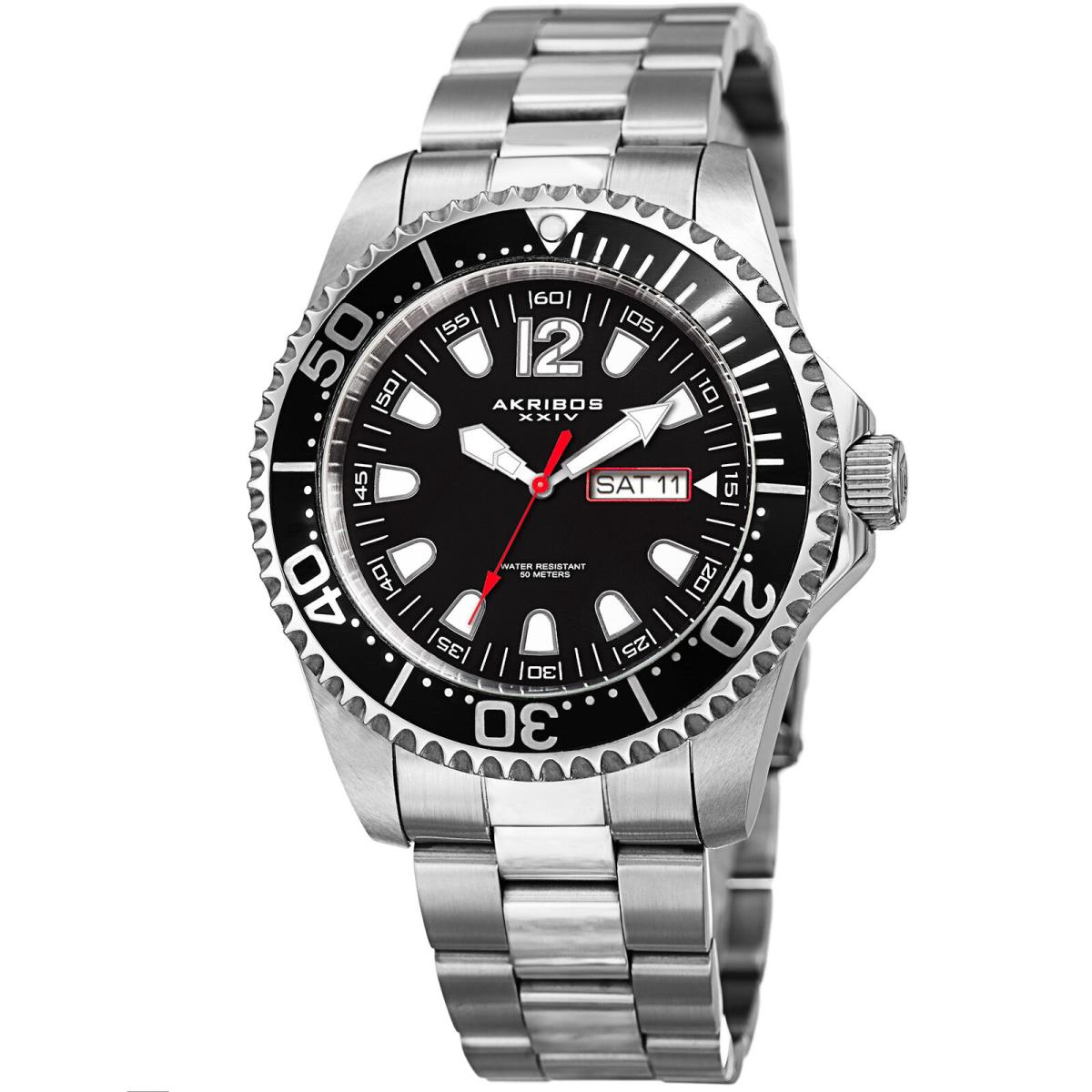 Men`s Akribos Xxiv AK947 Diver Style Day Date Stainless Steel Bracelet Watch Black Silver Meteor