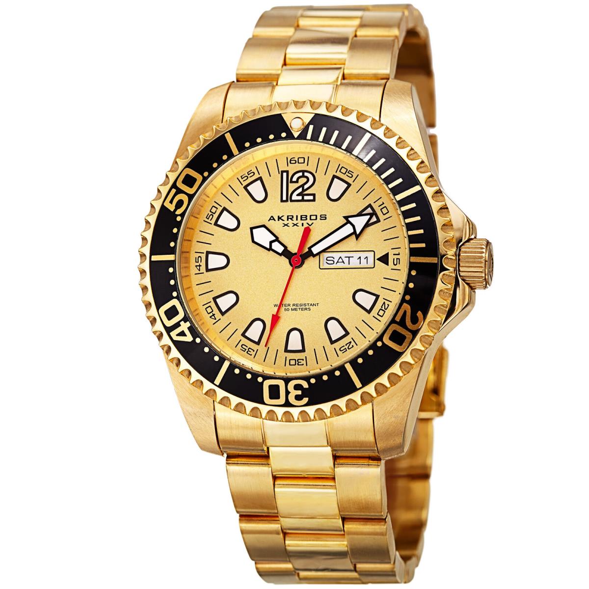 Men`s Akribos Xxiv AK947 Diver Style Day Date Stainless Steel Bracelet Watch Blazing Gold