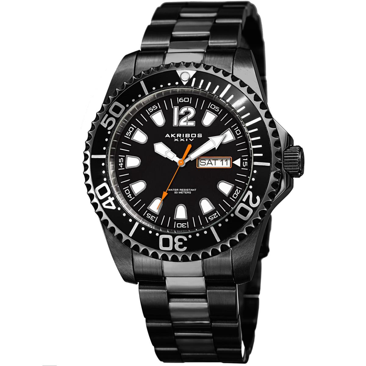 Men`s Akribos Xxiv AK947 Diver Style Day Date Stainless Steel Bracelet Watch Brilliant Black