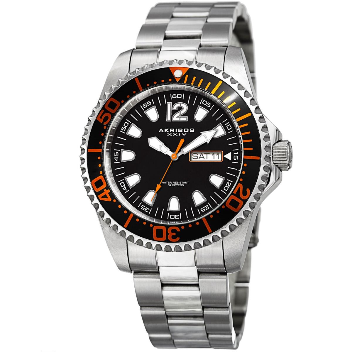 Men`s Akribos Xxiv AK947 Diver Style Day Date Stainless Steel Bracelet Watch Orange Liquid Silver