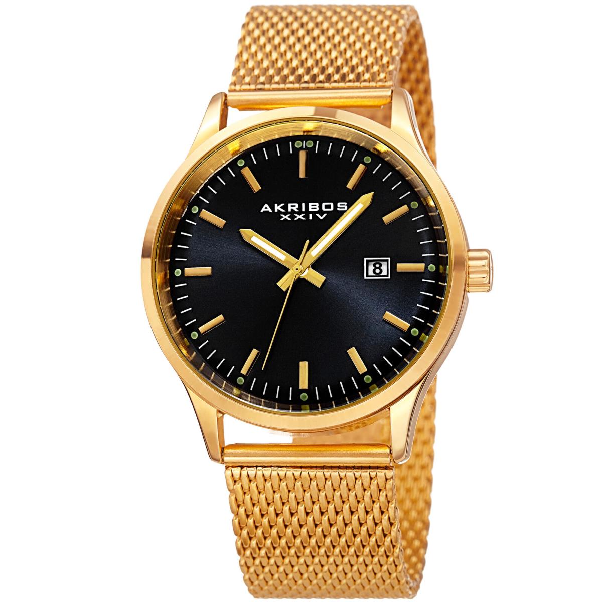 Men`s Akribos Xxiv AK901 Sunray Dial Date Stainless Steel Mesh Bracelet Watch Gold & Black