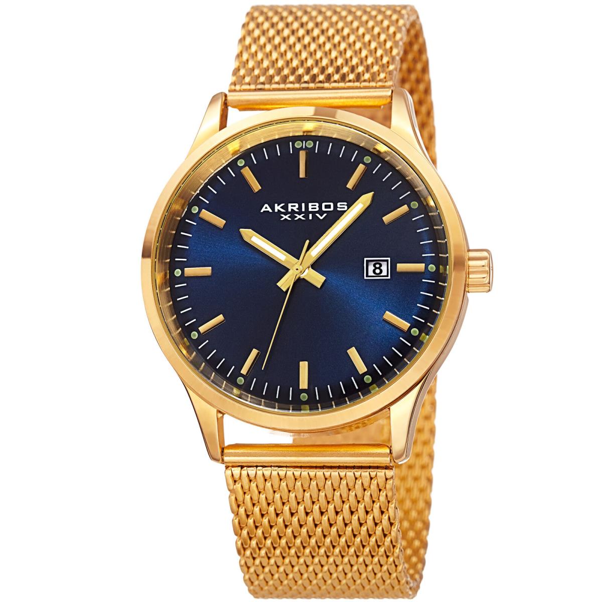 Men`s Akribos Xxiv AK901 Sunray Dial Date Stainless Steel Mesh Bracelet Watch Golden Blue