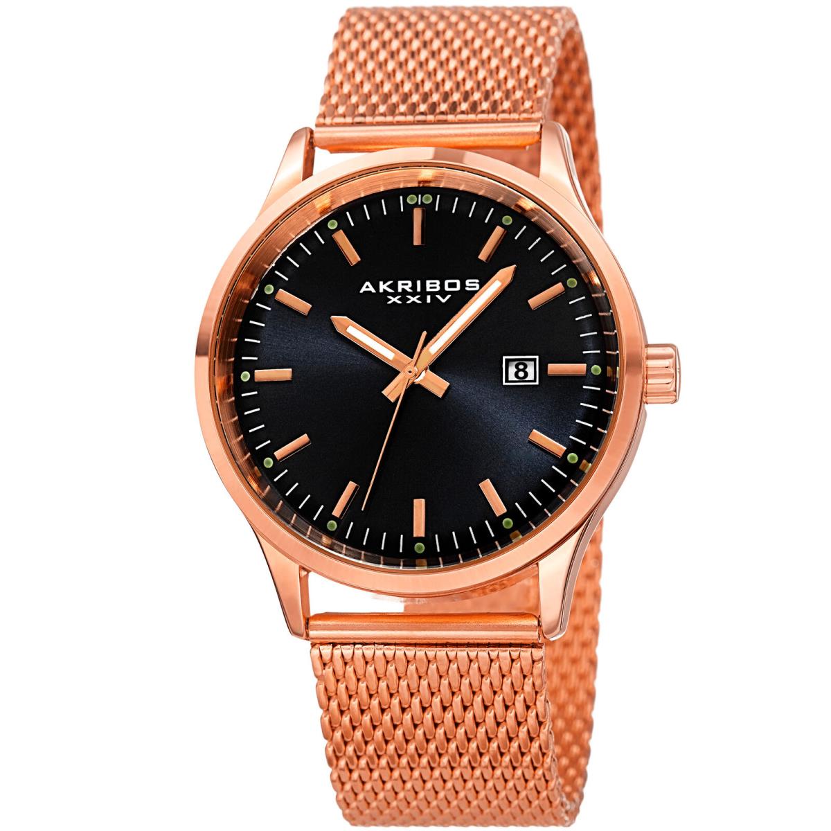 Men`s Akribos Xxiv AK901 Sunray Dial Date Stainless Steel Mesh Bracelet Watch Golden Rose