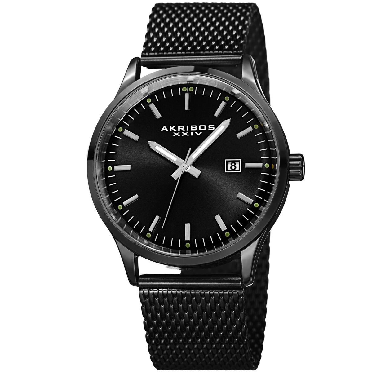 Men`s Akribos Xxiv AK901 Sunray Dial Date Stainless Steel Mesh Bracelet Watch Jet Black