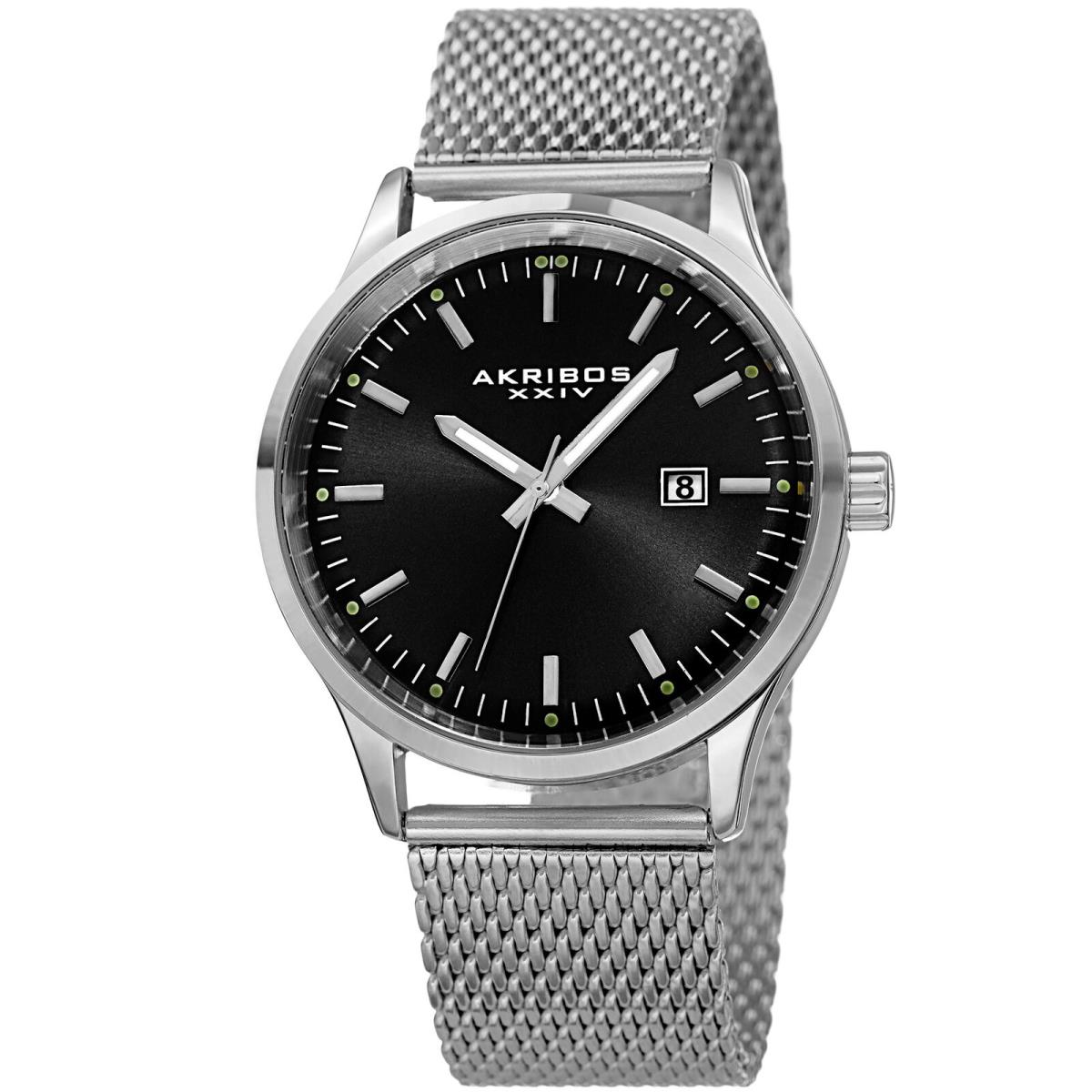 Men`s Akribos Xxiv AK901 Sunray Dial Date Stainless Steel Mesh Bracelet Watch Silver & Black