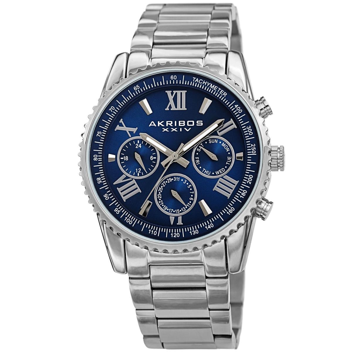 Men`s Akribos Xxiv AK1099 Multifunction Luminous Hands Link Bracelet Watch Blue on Silver