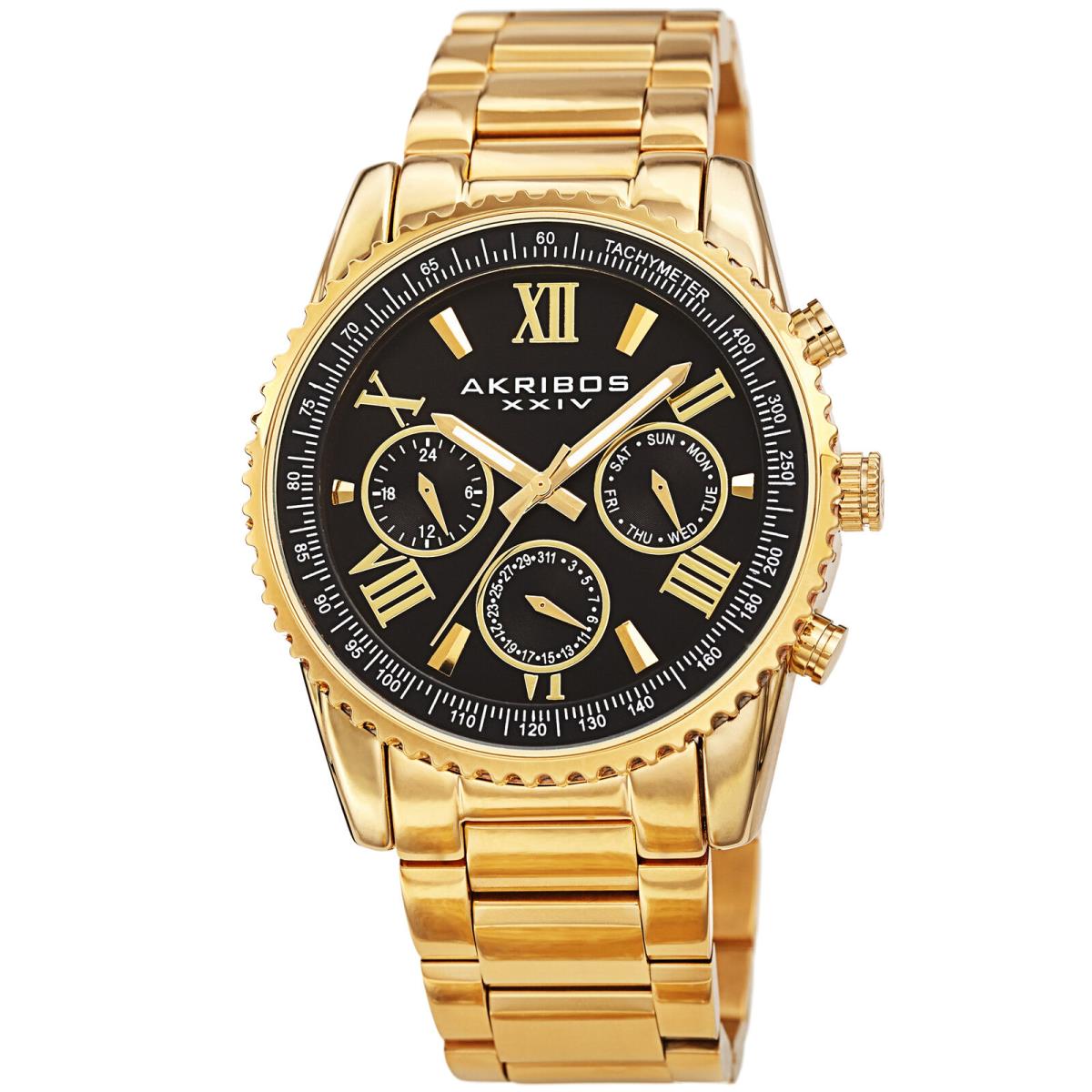 Men`s Akribos Xxiv AK1099 Multifunction Luminous Hands Link Bracelet Watch Gold Tone