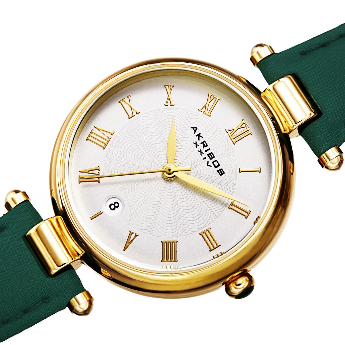 Women`s Akribos Xxiv AK1070 Classic Date Crocodile Style Leather Strap Watch Hunter Green