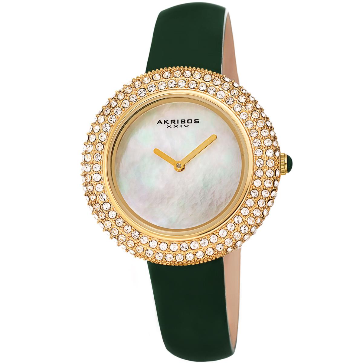 Women`s Akribos Xxiv Swarovski Crystal Mother of Pearl Dial Leather Strap Watch