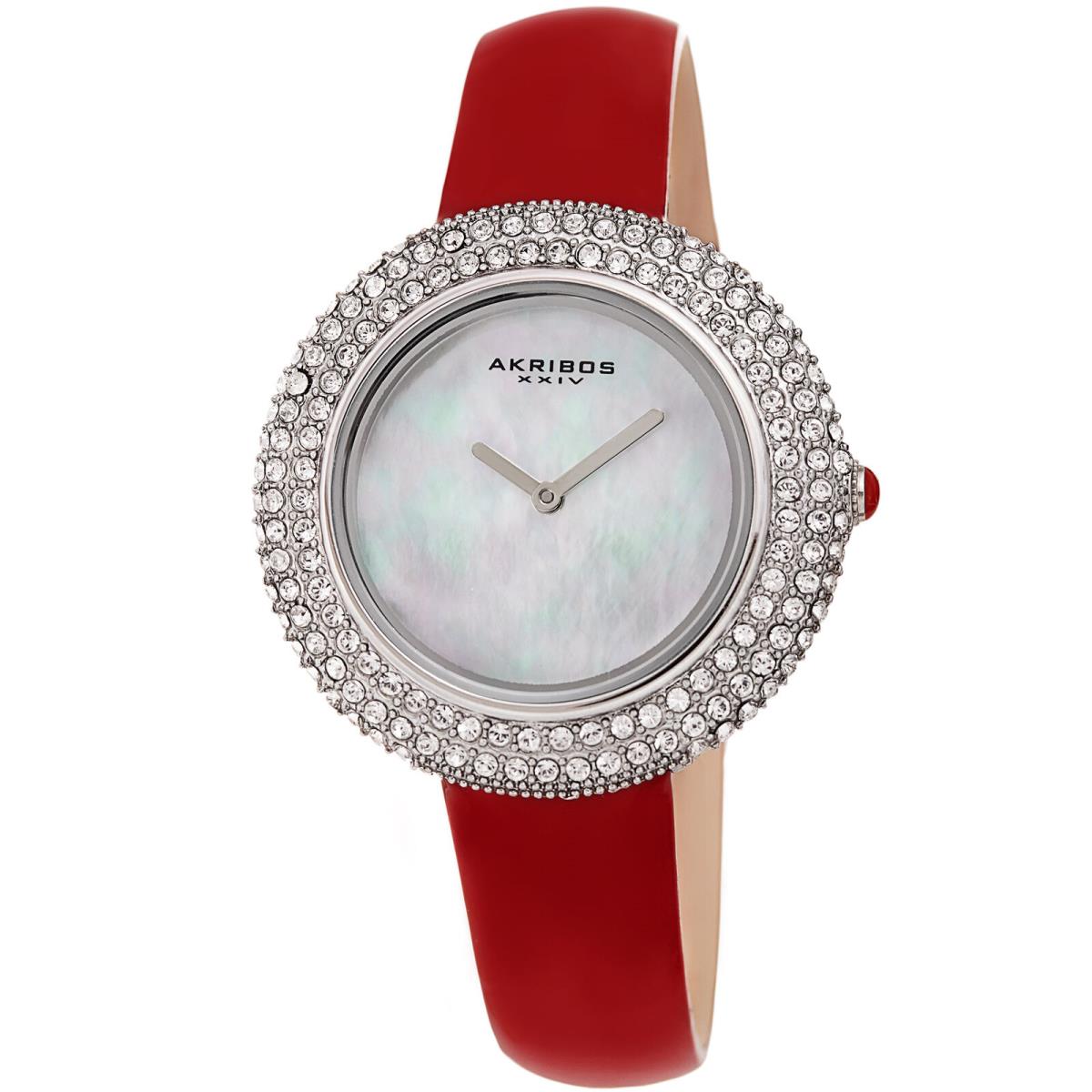 Women`s Akribos Xxiv Swarovski Crystal Mother of Pearl Dial Leather Strap Watch Brilliant Red