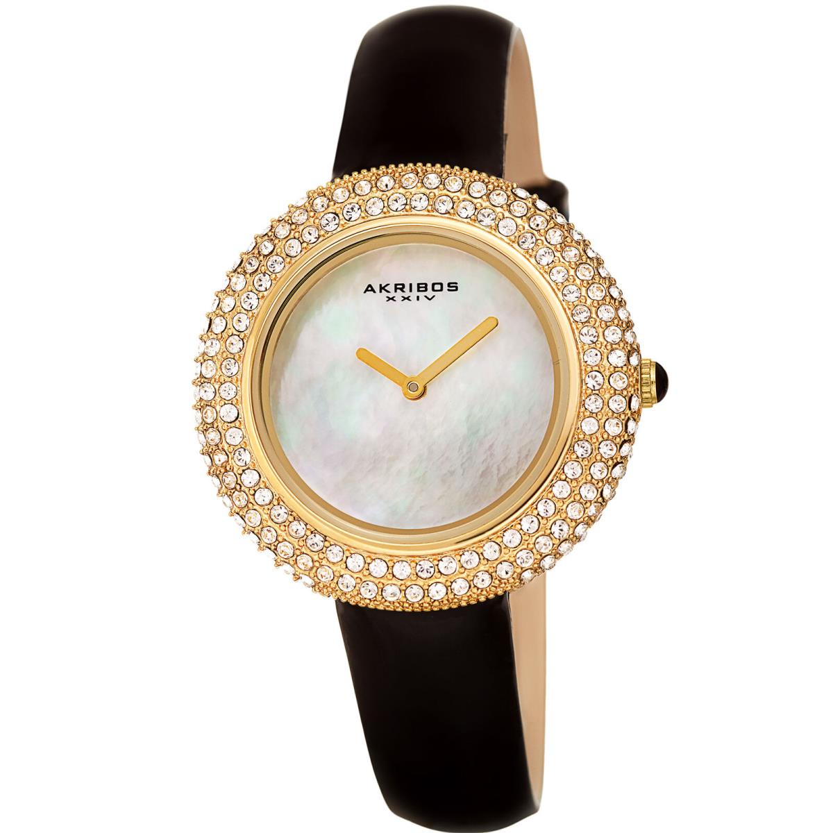 Women`s Akribos Xxiv Swarovski Crystal Mother of Pearl Dial Leather Strap Watch Jet Black with Gold Tone Accents