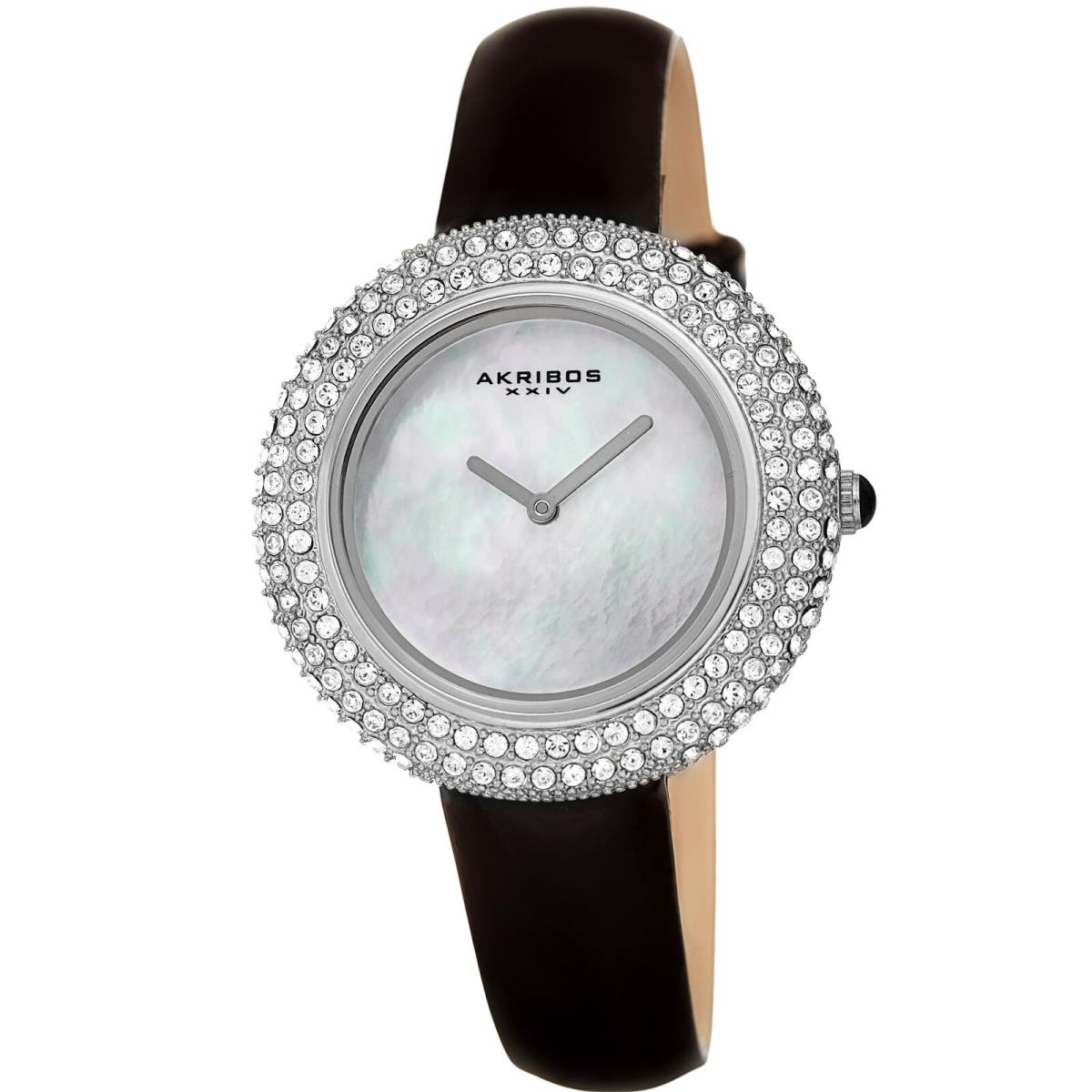 Women`s Akribos Xxiv Swarovski Crystal Mother of Pearl Dial Leather Strap Watch Jet Black with Silver Accents