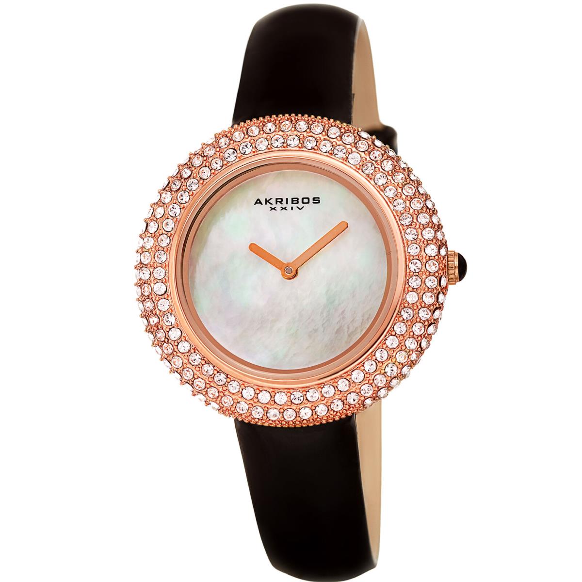 Women`s Akribos Xxiv Swarovski Crystal Mother of Pearl Dial Leather Strap Watch Radiant Black with Rose Tone