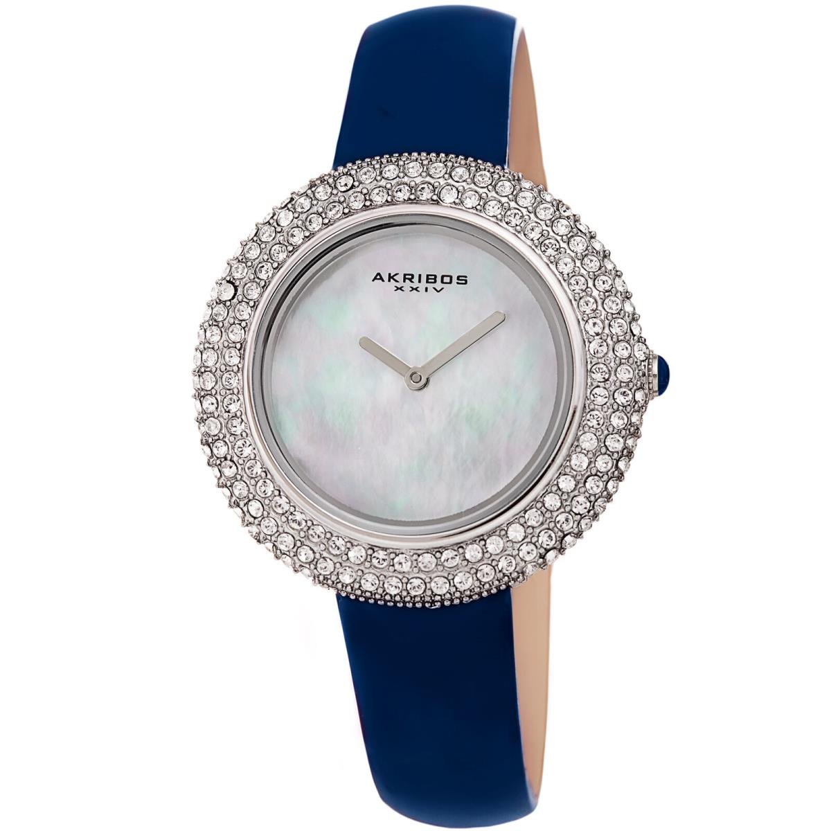 Women`s Akribos Xxiv Swarovski Crystal Mother of Pearl Dial Leather Strap Watch Rotal Blue