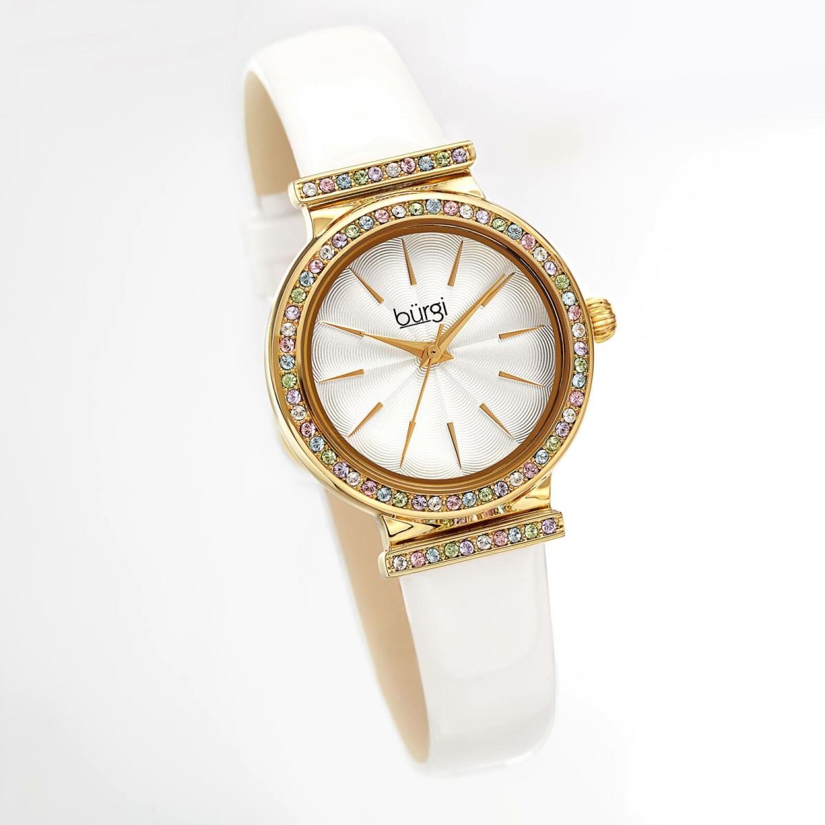 Akribos Xxiv Women`s Burgi BUR243 Swarovski Crystal Guilloche Dial Patent Leather Strap Watch Dove White