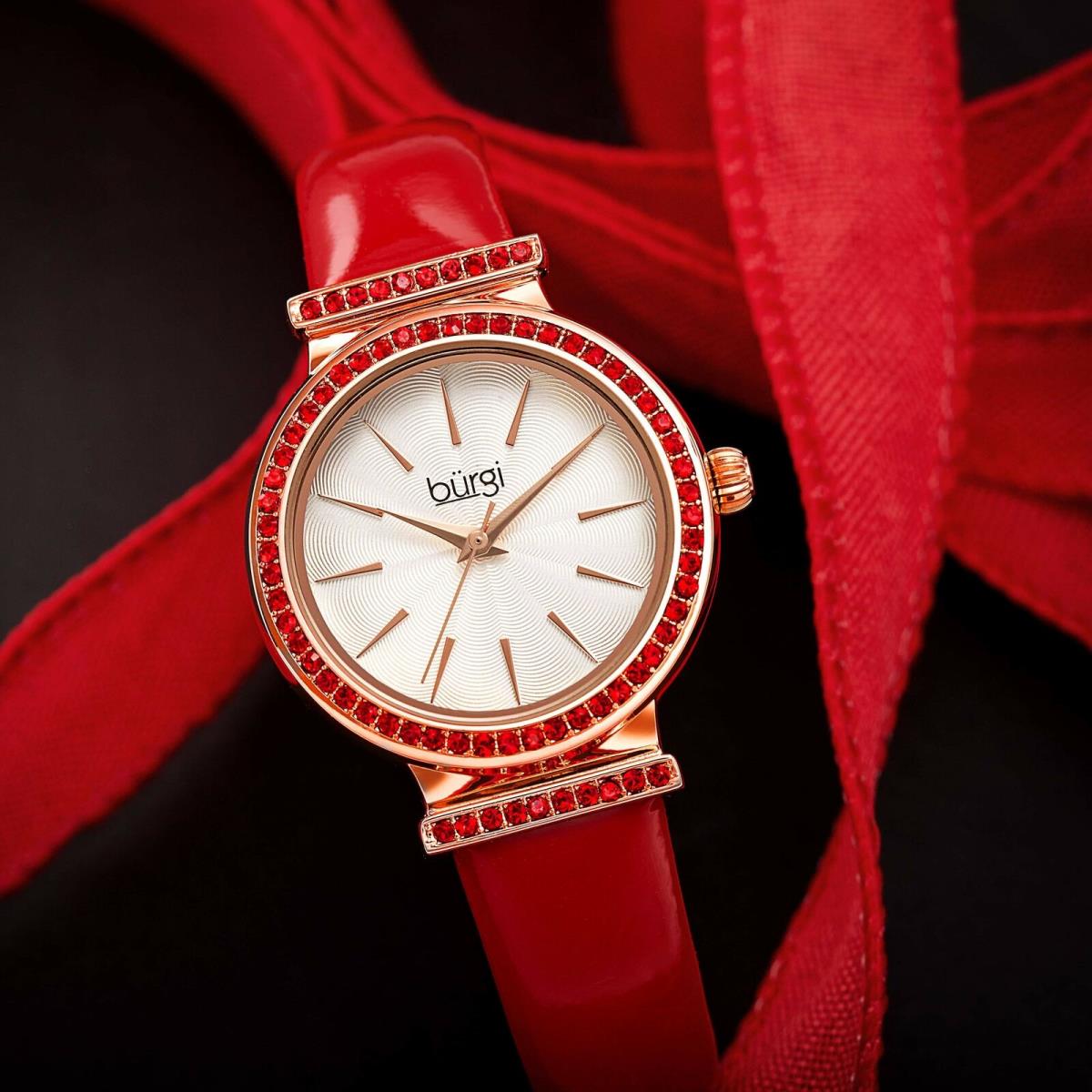 Akribos Xxiv Women`s Burgi BUR243 Swarovski Crystal Guilloche Dial Patent Leather Strap Watch Ferrari Red
