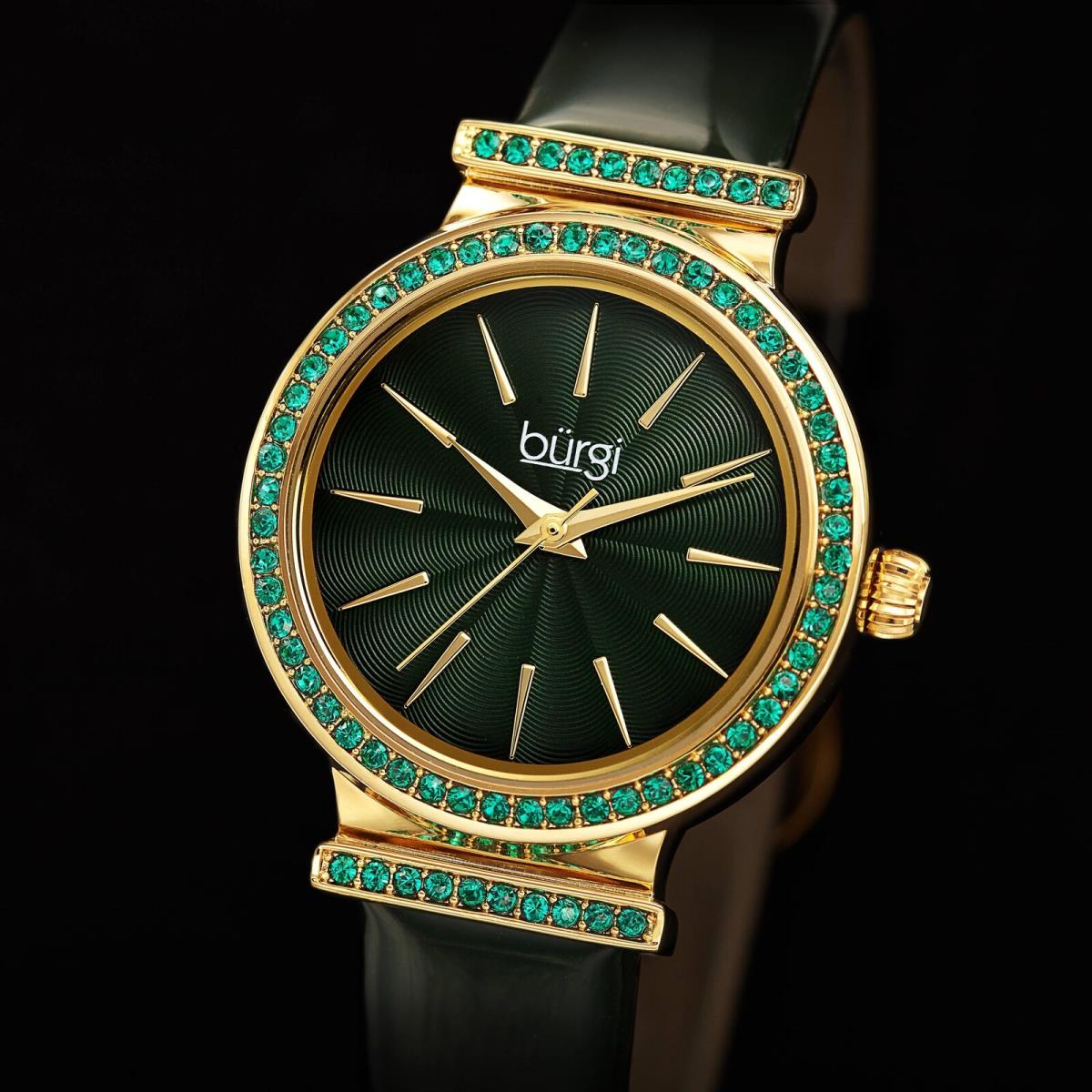 Akribos Xxiv Women`s Burgi BUR243 Swarovski Crystal Guilloche Dial Patent Leather Strap Watch Hunter Green