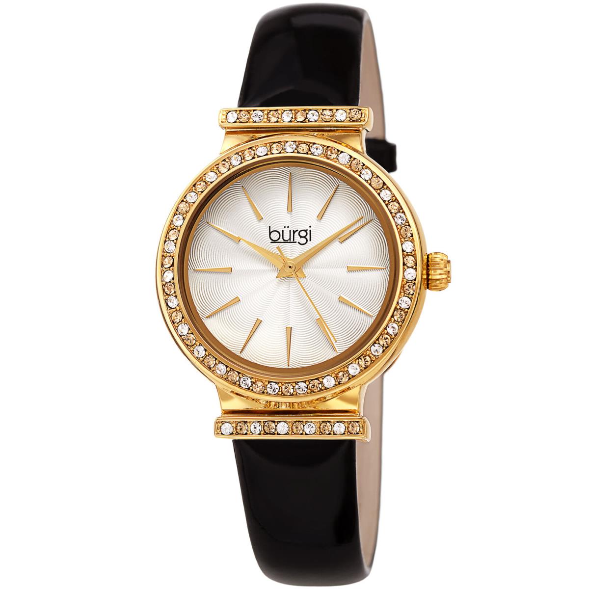 Akribos Xxiv Women`s Burgi BUR243 Swarovski Crystal Guilloche Dial Patent Leather Strap Watch Jet Black