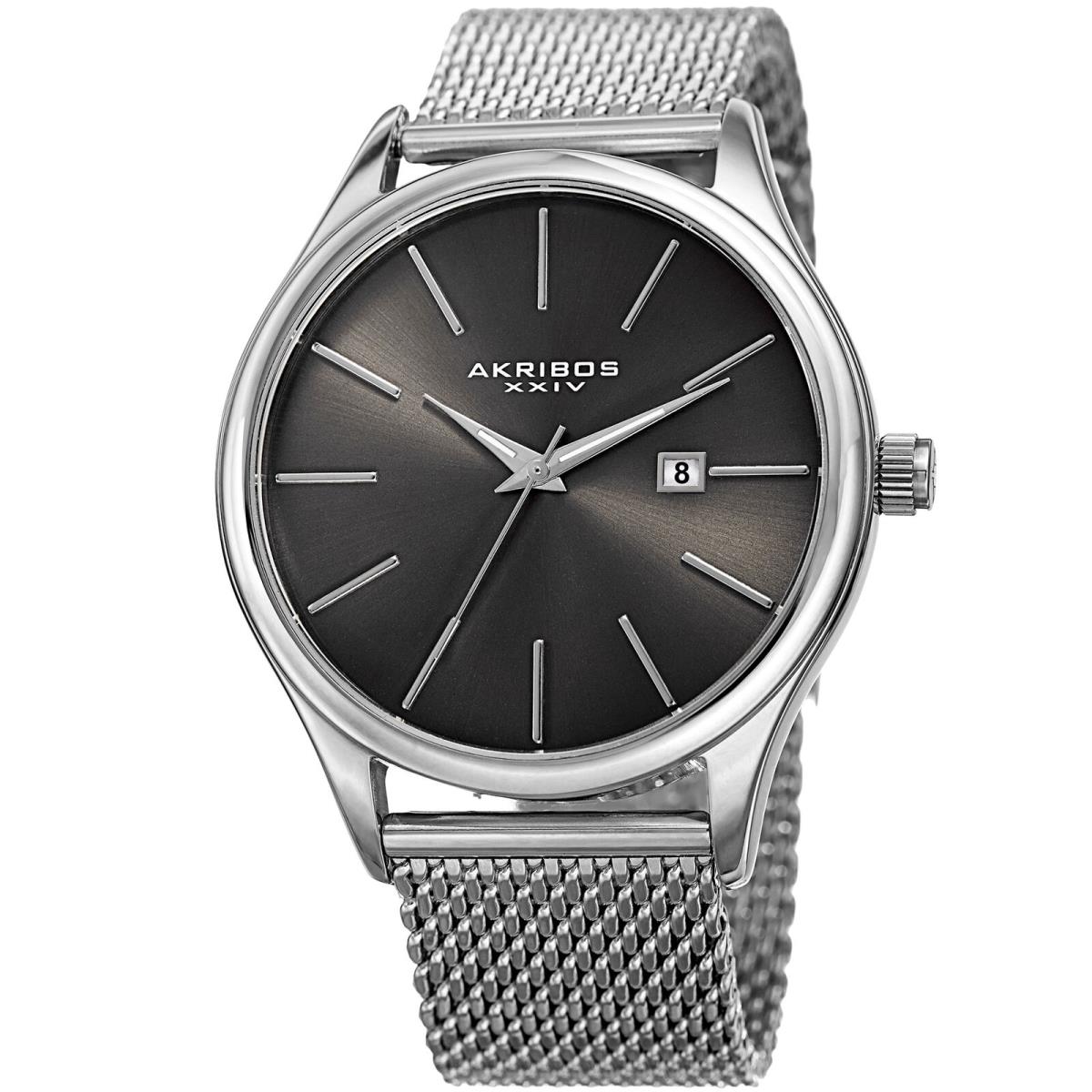 Men`s Akribos Xxiv AK959 Quartz Sunray Dial Date Stainless Steel Mesh Watch Moonrock Silver