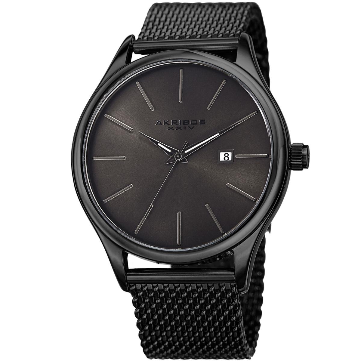 Men`s Akribos Xxiv AK959 Quartz Sunray Dial Date Stainless Steel Mesh Watch Tungsten Black