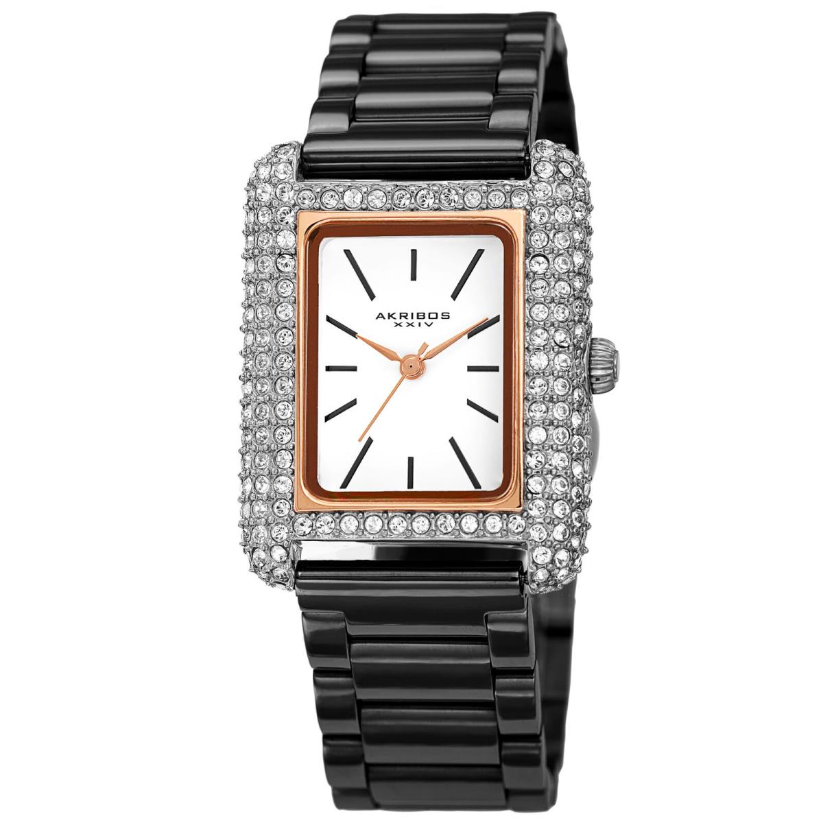 Akribos Xxiv Women`s AK1108 Quartz Rectangle Swarovski Link Bracelet Watch Black