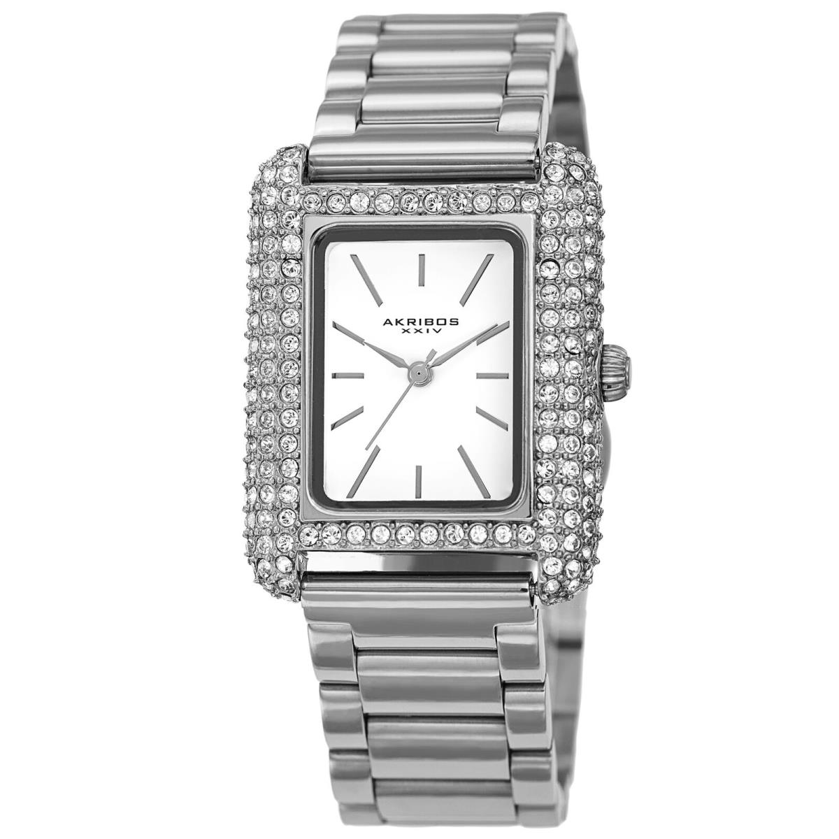 Akribos Xxiv Women`s AK1108 Quartz Rectangle Swarovski Link Bracelet Watch Silver Tone