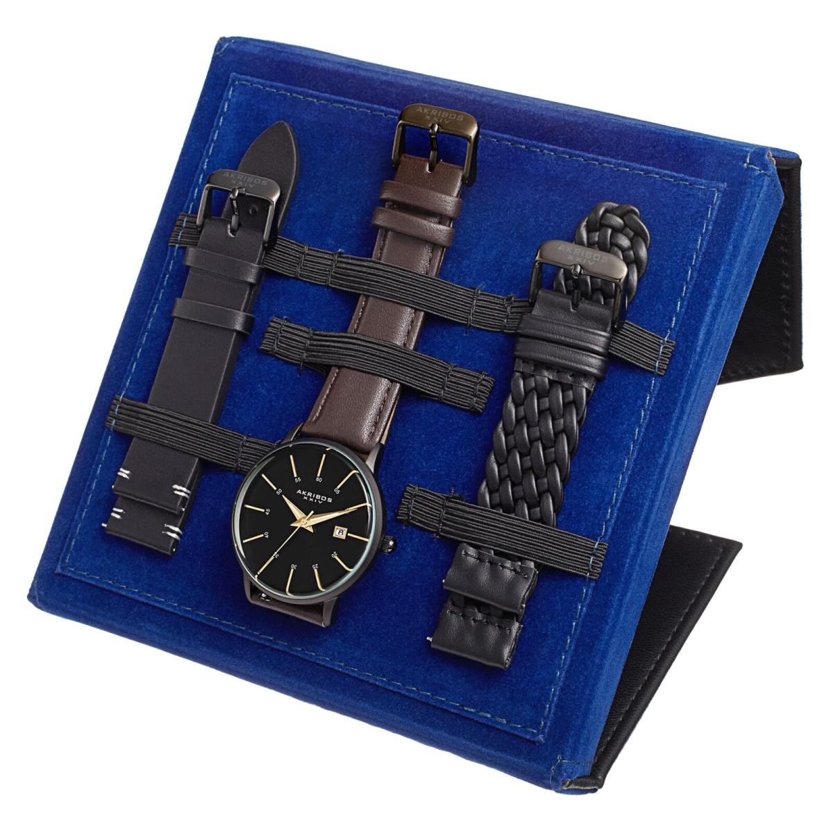 Akribos Xxiv Men`s AK1104 Quartz Date Three Interchangeable Straps Watch Set Black and Brown