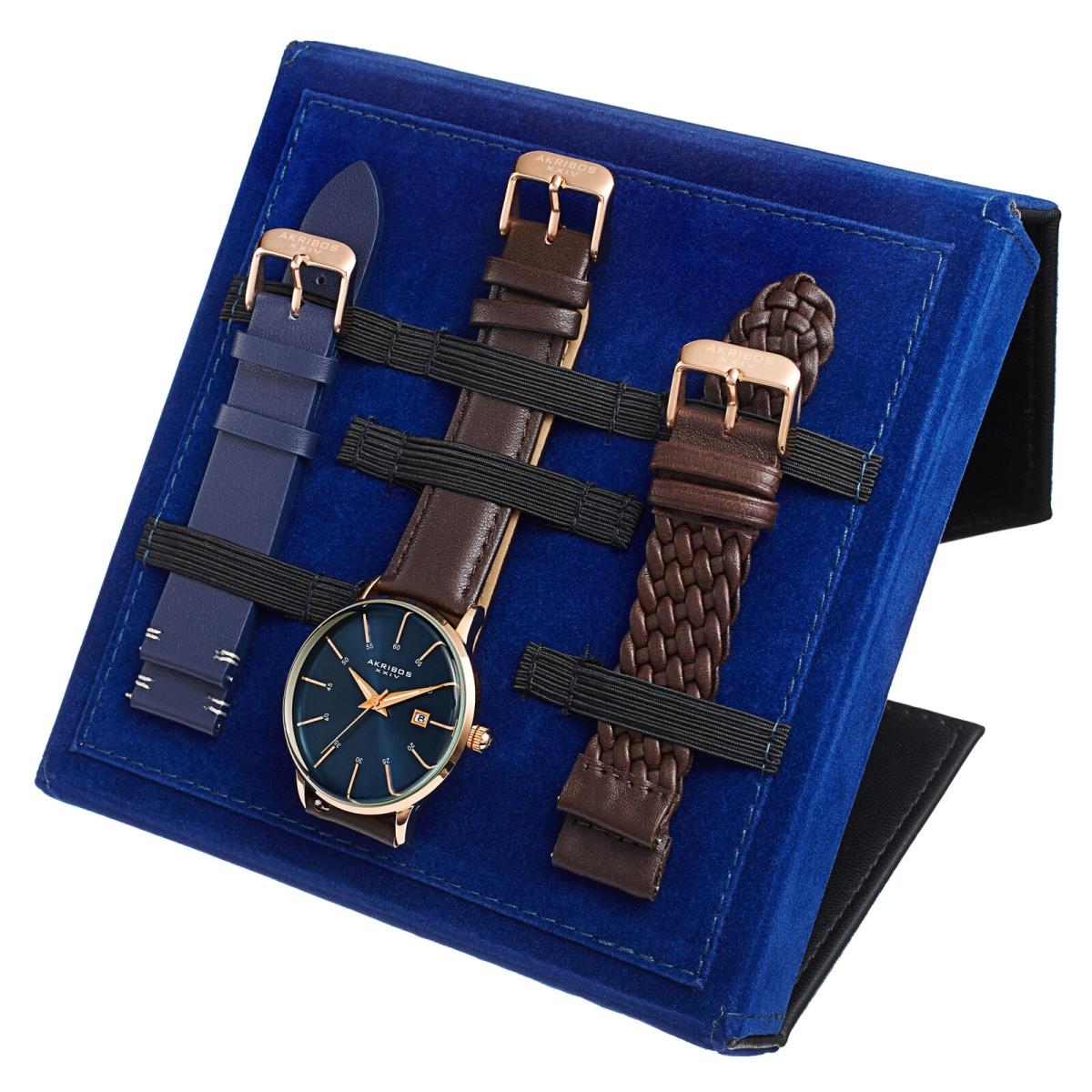 Akribos Xxiv Men`s AK1104 Quartz Date Three Interchangeable Straps Watch Set Brown and Blue