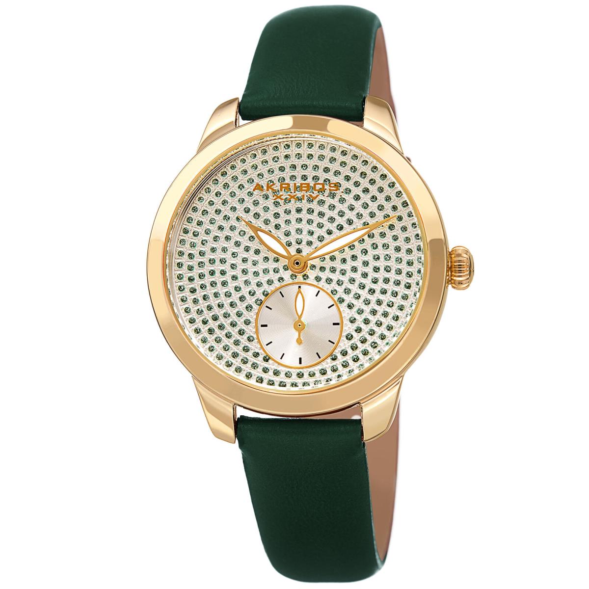 Women`s Akribos Xxiv AK1089 Sub-second Crystal Diamond Glitter Leather Watch