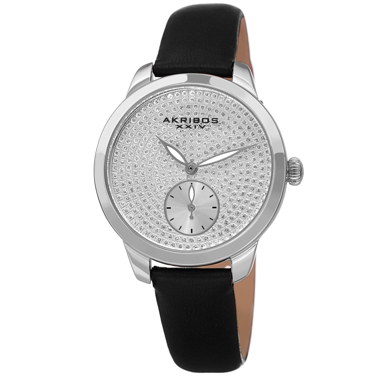 Women`s Akribos Xxiv AK1089 Sub-second Crystal Diamond Glitter Leather Watch Black