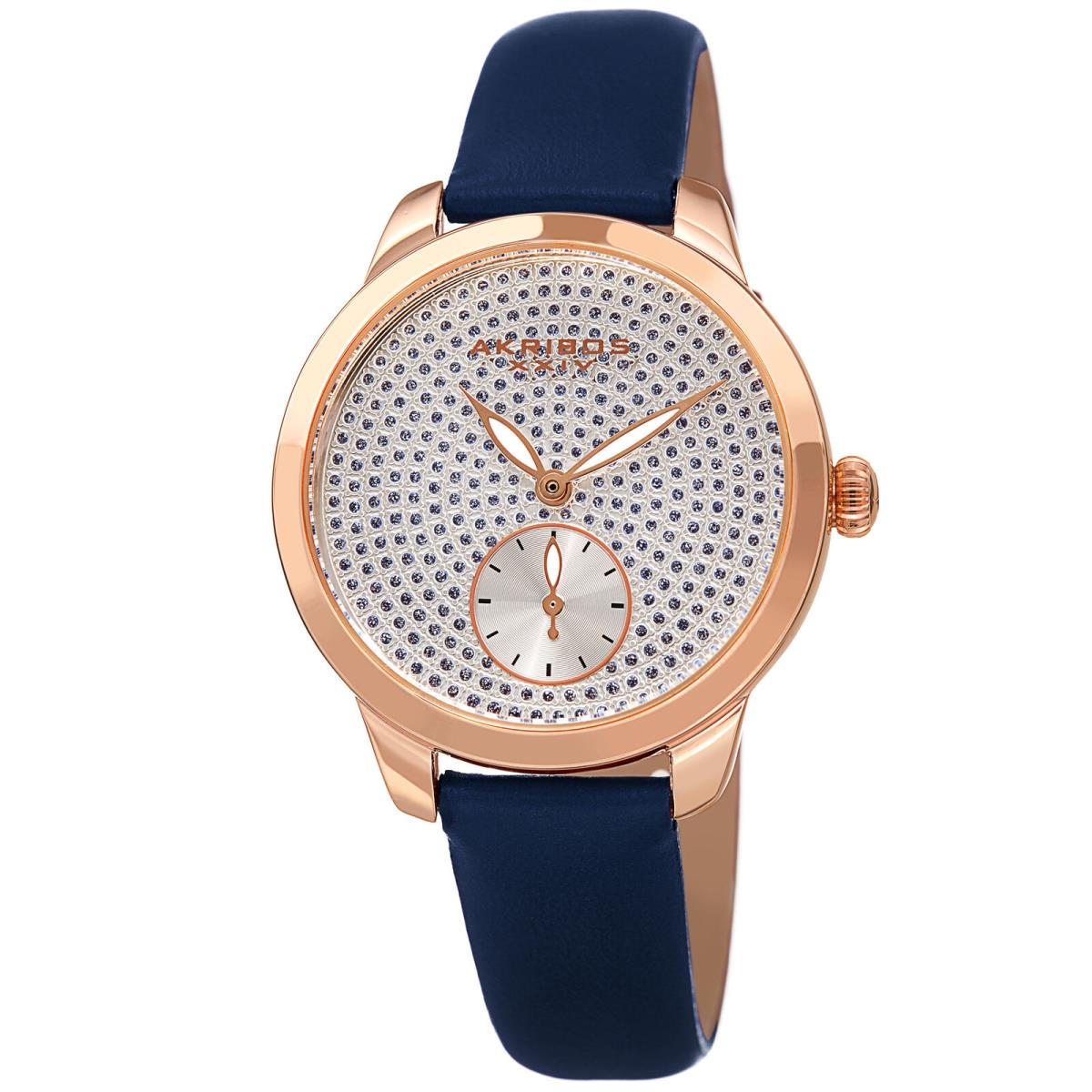 Women`s Akribos Xxiv AK1089 Sub-second Crystal Diamond Glitter Leather Watch Blue