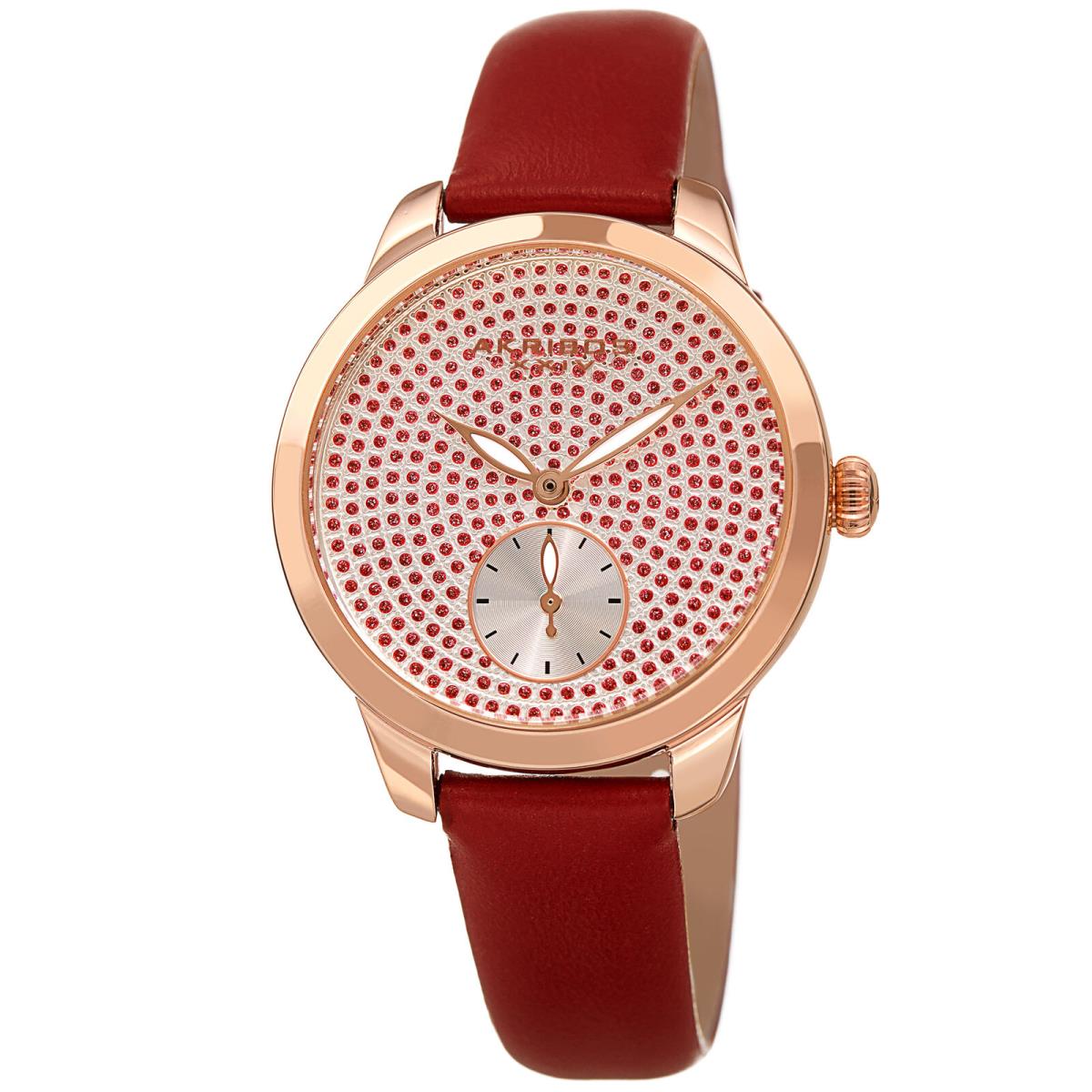 Women`s Akribos Xxiv AK1089 Sub-second Crystal Diamond Glitter Leather Watch Red