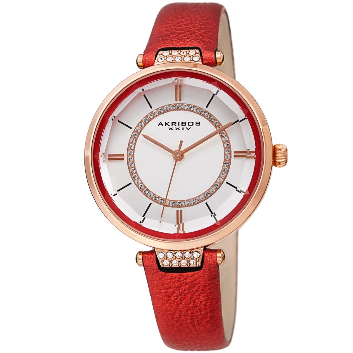 Akribos Xxiv Women`s AK1116 Swarovski Faceted Crystal Lens Leather Strap Watch