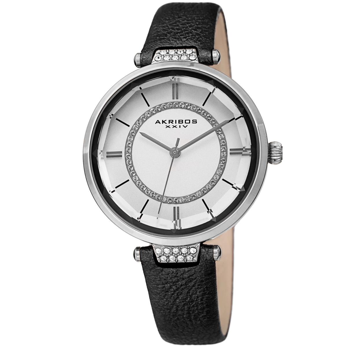 Akribos Xxiv Women`s AK1116 Swarovski Faceted Crystal Lens Leather Strap Watch Black