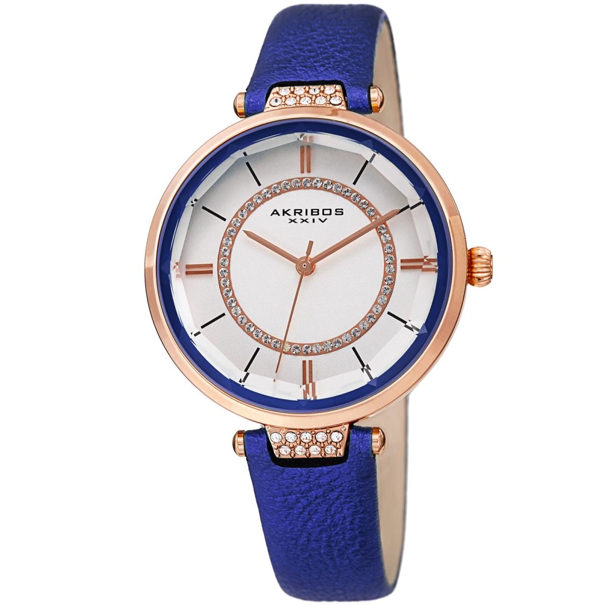 Akribos Xxiv Women`s AK1116 Swarovski Faceted Crystal Lens Leather Strap Watch Blue