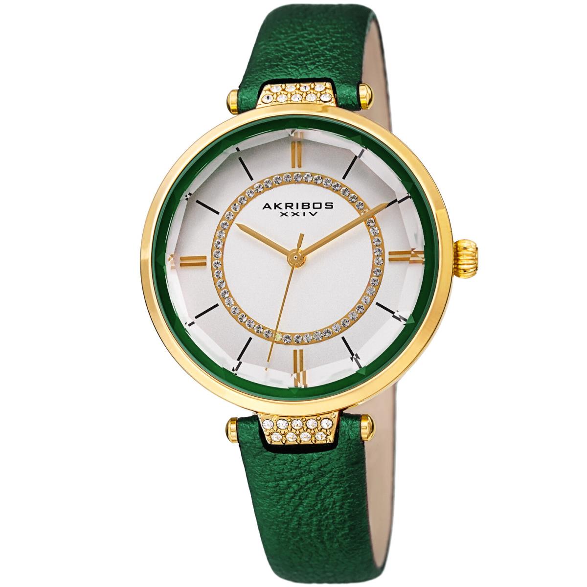 Akribos Xxiv Women`s AK1116 Swarovski Faceted Crystal Lens Leather Strap Watch Green