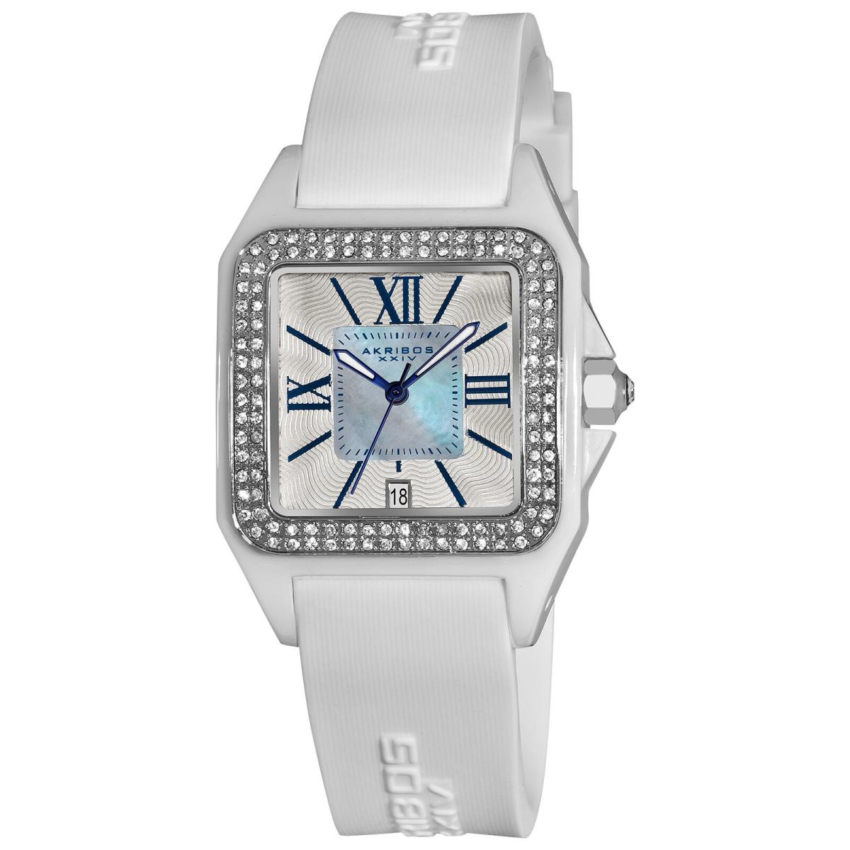 Women`s Akribos Xxiv AK546 Square Ceramic Case Crystal Bezel Mop Dial Watch White