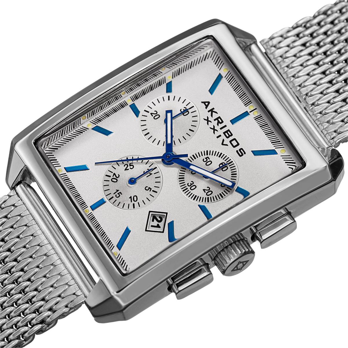 Men`s Akribos Xxiv AK918 Chronograph Date Stainless Steel Mesh Rectangular Watch