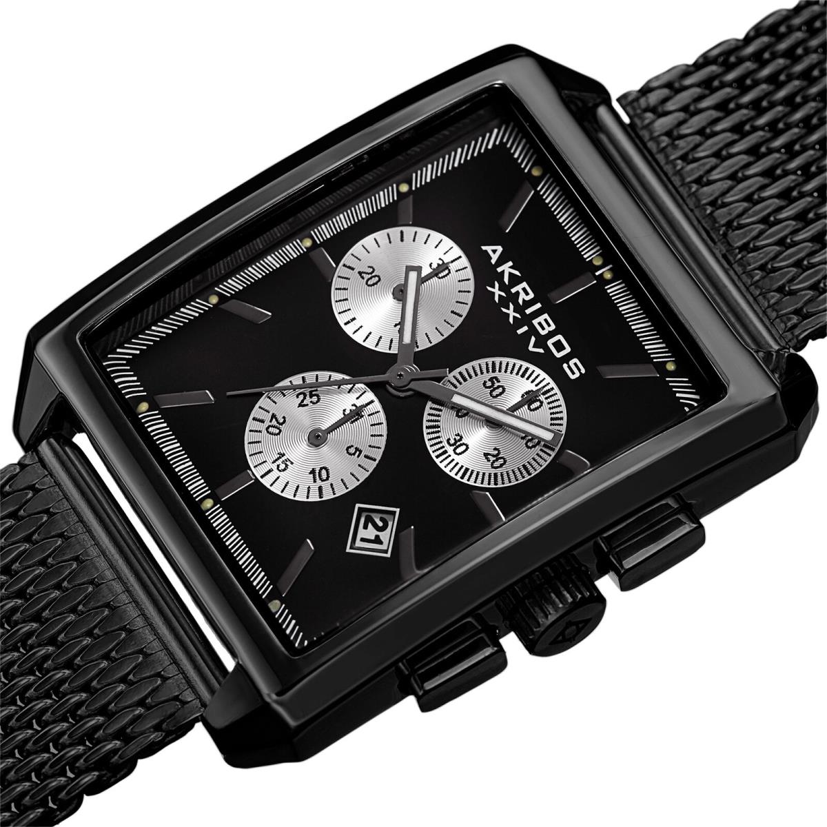 Men`s Akribos Xxiv AK918 Chronograph Date Stainless Steel Mesh Rectangular Watch Tungsten Black