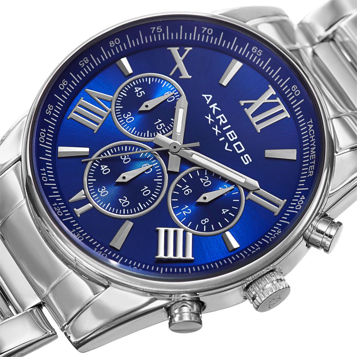 Men`s Akribos Xxiv AK865 Quartz Chronograph Day Date Bracelet Watch Metallic Blue