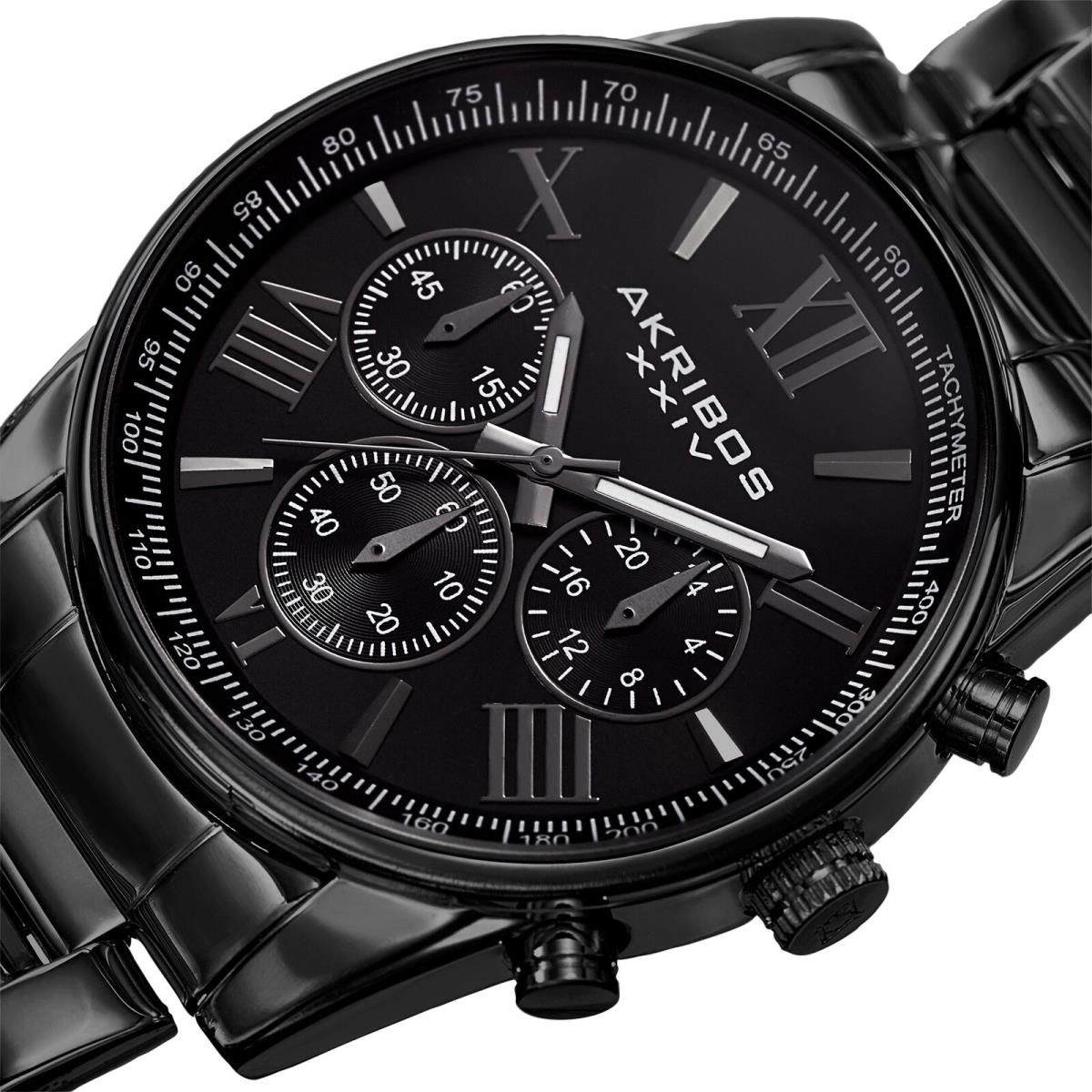 Men`s Akribos Xxiv AK865 Quartz Chronograph Day Date Bracelet Watch Super Black