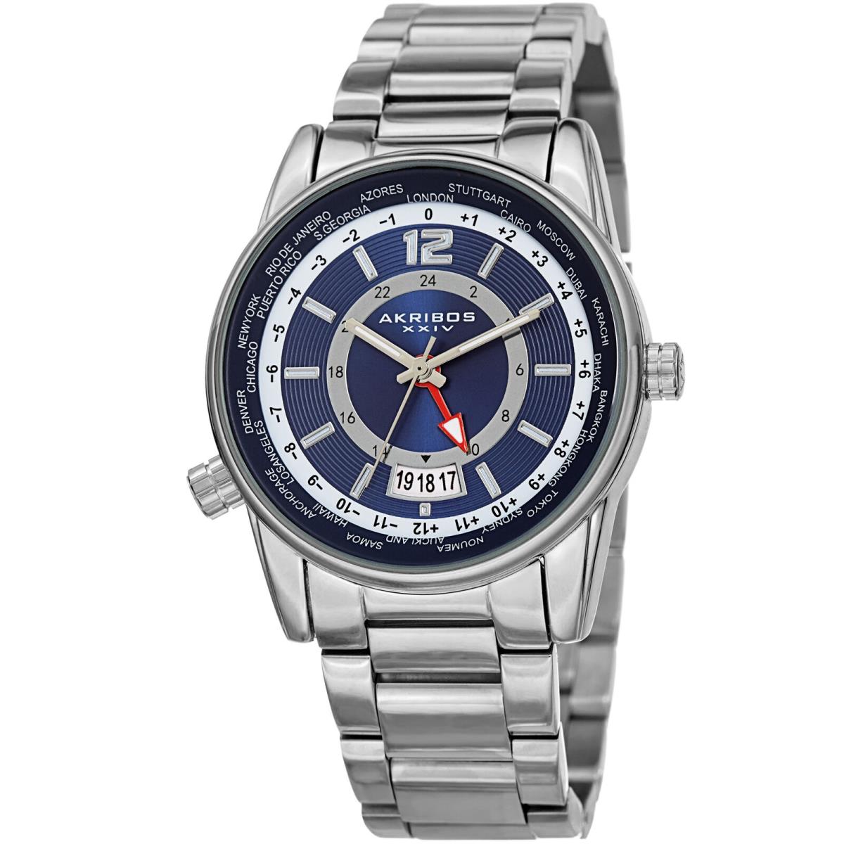 Men`s Akribos Xxiv AK1021 Quartz Gmt Multifunction Stainless Steel Bracelet wa